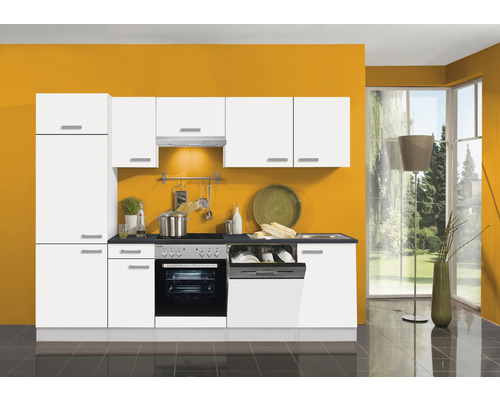 OPTIFIT Keukenblok met apparatuur Oslo214 wit mat 270x60 cm Complete keuken met witte kasten, spoelbak, vaatwasser en kookplaat