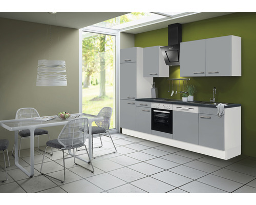 OPTIFIT Keukenblok met apparatuur Ronja825 basaltgrijs mat 280x60 cm Moderne keuken met eettafel en stoelen onder een hanglamp