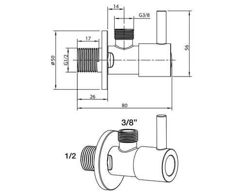Technische tekening hoekventiel met afmetingen