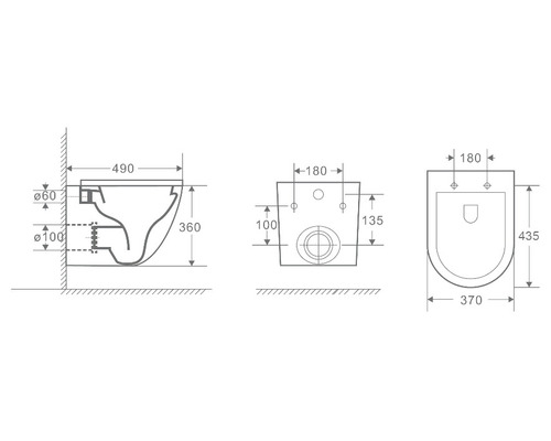 Technische tekening van een wandcloset met afmetingen