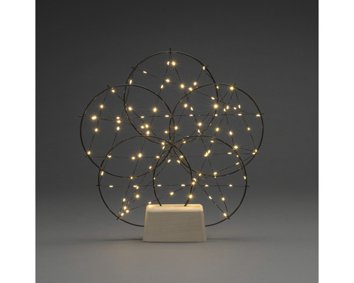 Decoratieve lichtgevende bol van metaal met houten voet en warmwitte LEDs