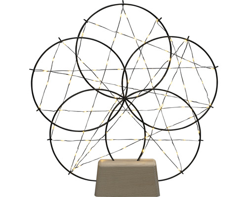 Decoratieve lichtsculptuur met vijf cirkels en LED-verlichting op een houten voet