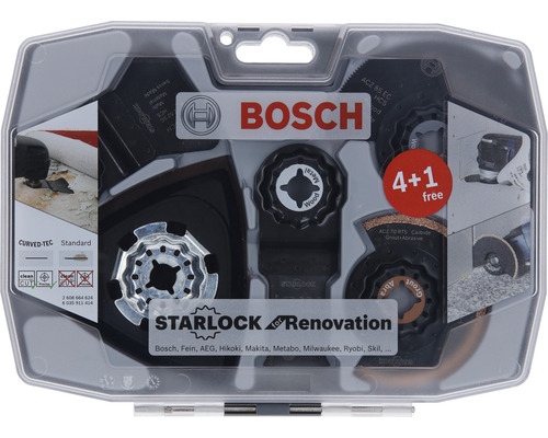 Bosch Starlock renovatieset met diverse zaagbladen en schuurschijven in transparante verpakking