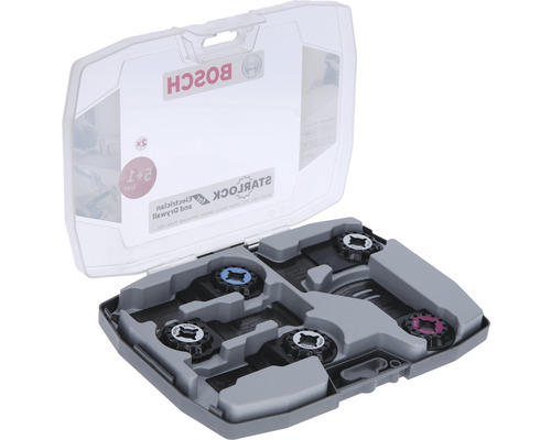 BOSCH Multitool zaagbladset Starlock for Electrician and Drywall, 6-delig Bosch logo. Starlock zaagbladset in grijze opbergdoos met transparant deksel.