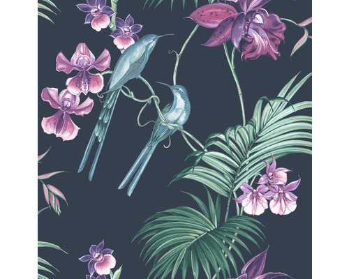 JULIEN MACDONALD Vliesbehang 111781 Utopia zwart Behang met vogel-, orchideeën- en palmmotief