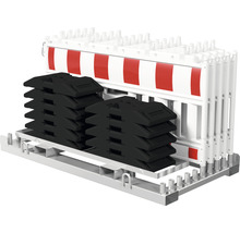 Meerdere rood-witte hekwerken en zwarte rubberen voeten op een metalen pallet.