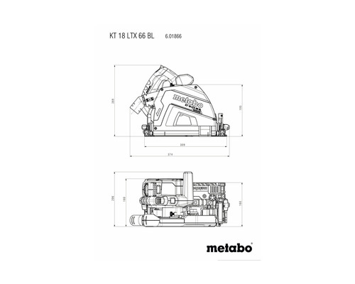 Technische tekening van de Metabo KT 18 LTX 66 BL invalcirkelzaag met maatvoering