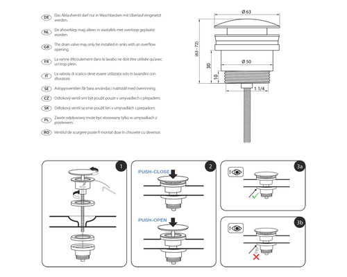 Technische tekening van een afvoerventiel met afmetingen en installatie-instructies