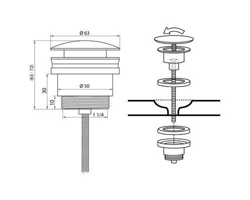 Tekening van een afvoerventiel met de bijbehorende afmetingen