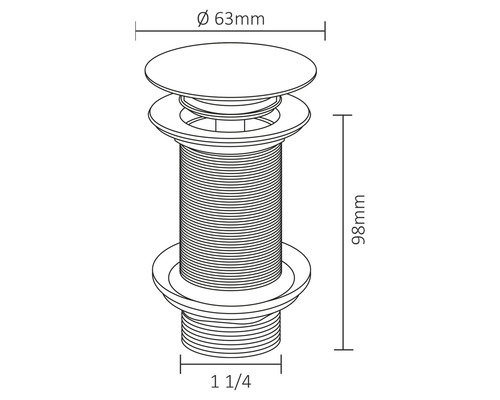 Tekening van een afvoerventiel met de afmetingen 63 mm diameter en 98 mm hoogte