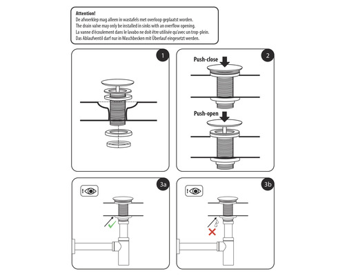 Instructies voor de installatie van een afvoerventiel voor wastafels met overloop