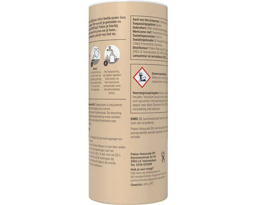 Pokon Naturado Mierenmiddel, informatie en gevarenwaarschuwingen op de verpakking.