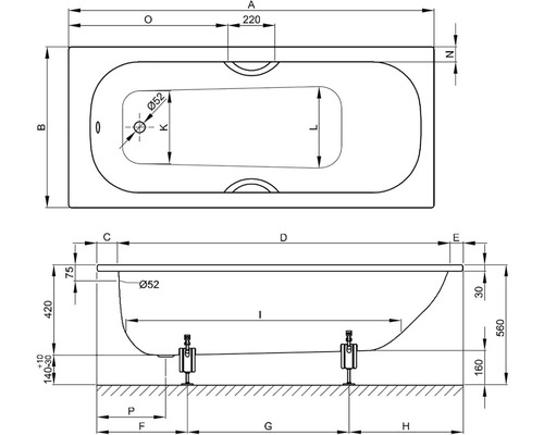 Technische tekening van een badkuip met afmetingen