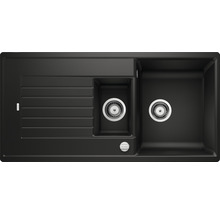 Zwarte aanrechtbak met afdruiprek en twee wasbakken