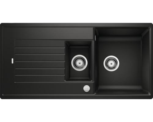 Zwarte aanrechtbak met afdruiprek en twee wasbakken