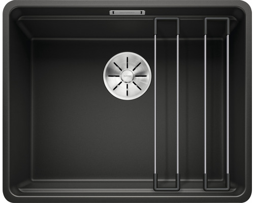 Zwarte gootsteen met afdruiprek en afvoergarnituur