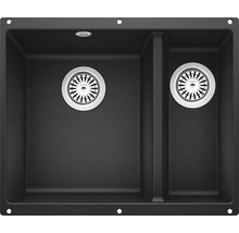 Zwarte dubbele spoelbak met twee kommen en afvoeren