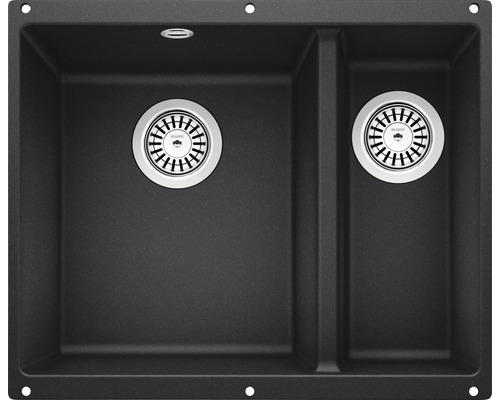 Zwarte dubbele spoelbak met twee kommen en afvoeren