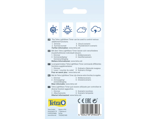 Tetra LightWave Timer achterkant verpakking met informatie over functies