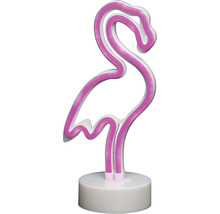 Neonlamp in de vorm van een flamingo op een voetstuk