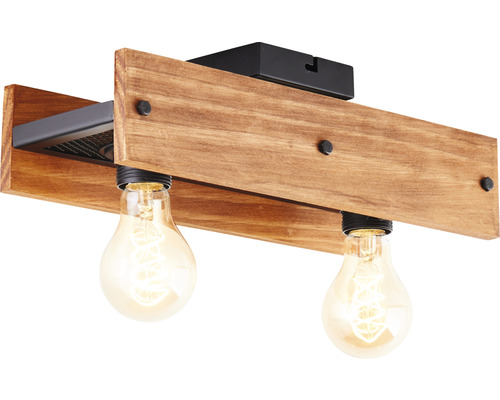 Plafondlamp met houten balk en twee gloeilampen