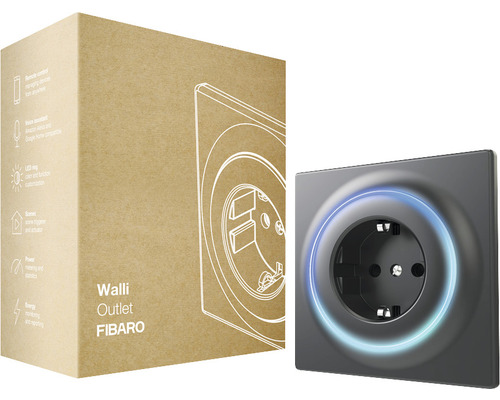 Walli Outlet van Fibaro met verpakking, een slimme stekkerdoos voor een intelligent thuis