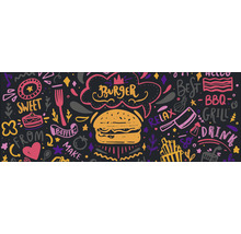 Illustratie met burger, grillmotieven en voedingsmiddelen