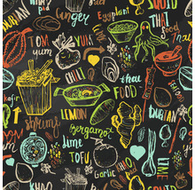Illustratie van Thais eten en ingrediënten zoals gember, chili, tofu en doerian