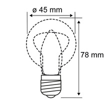 Schets van een gloeilamp met de afmetingen 45 millimeter doorsnede en 78 millimeter lengte