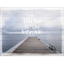 Decoratieve muurschildering met een pier naar de oceaan en het opschrift Take me to the Ocean