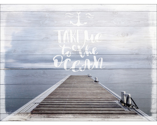Decoratieve muurschildering met een pier naar de oceaan en het opschrift Take me to the Ocean
