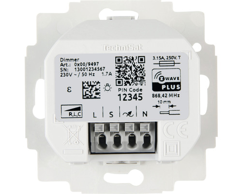 TechniSat dimmer met artikelnummer, serienummer, QR-code en aansluitingen