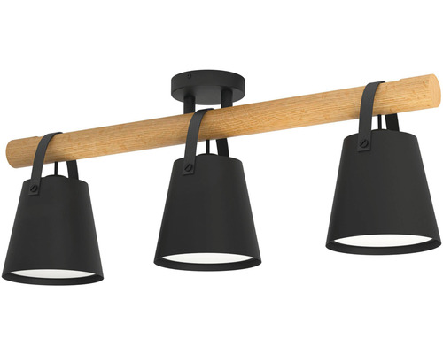 Plafondlamp met drie lampen, hout en metaal