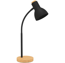 Zwarte tafellamp met houten voet voor binnenshuis.