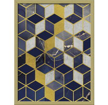 Ingelijste afbeelding met een abstract, geometrisch kubuspatroon in goud, grijs en donkerblauw