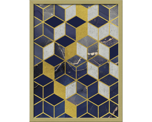 Ingelijste afbeelding met een abstract, geometrisch kubuspatroon in goud, grijs en donkerblauw