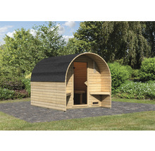 Houten barrelsauna met zwart dak