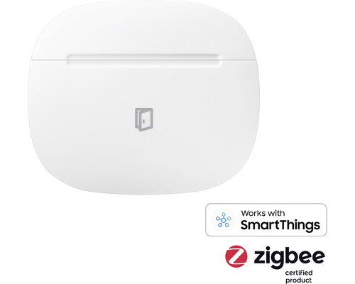 Witte deur- en raamsensor met SmartThings en Zigbee logo''s.