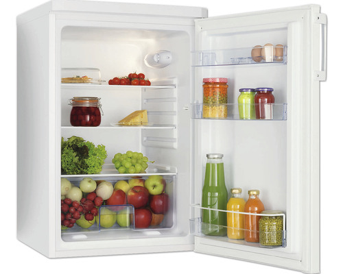 AMICA VKS 15122-1 W Tafelmodel koelkast zonder vriesvak Geopende koelkast gevuld met voedingsmiddelen zoals fruit, groenten, kaas en dranken