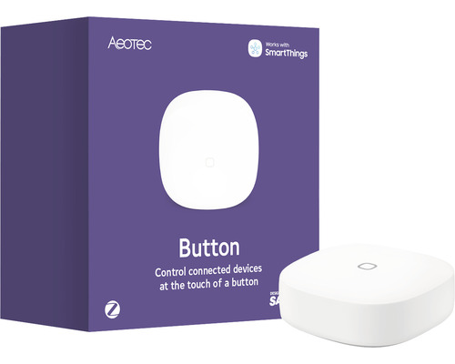 Aeotec Button met verpakking. De knop wordt gebruikt om verbonden apparaten te bedienen.