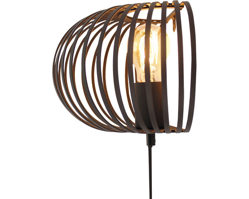 Wandlamp van metaal met decoratieve kooikap en gloeilamp