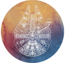 Millennium Falcon bouwtekening op een ronde achtergrond