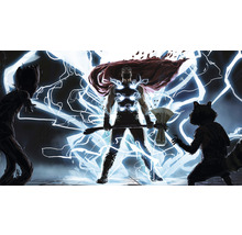 Illustratie van Thor, Groot en Rocket van Marvel Comics, omgeven door bliksem.