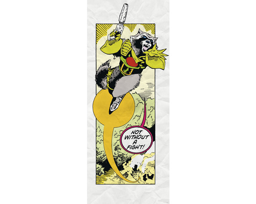 KOMAR Fotobehang vlies IADX2-072 Guardians Retro Comic Rocket Racoon 100x250 cm Stripillustratie van een wasbeer in harnas met wapen en tekstballon