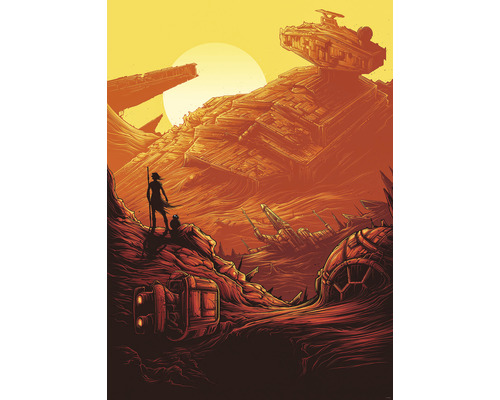KOMAR Fotobehang vlies IADX4-027 Star Wars Jakku Star Destroyer 200x280 cm Illustratie van een woestijnlandschap met ruimtescheepswrakken en figuren