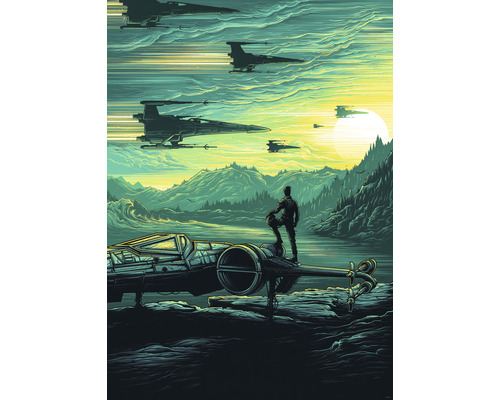 KOMAR Fotobehang vlies IADX4-028 Star Wars X-Wing Assault Takodana 200x280 cm Illustratie van een fictieve ruimtescène met ruimteschepen en een persoon op een rots.