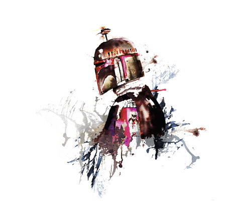 KOMAR Fotobehang vlies IADX5-021 Star Wars Watercolor Boba Fett 250x280 cm Illustratie van een sciencefictionfiguur met helm en verfspetters