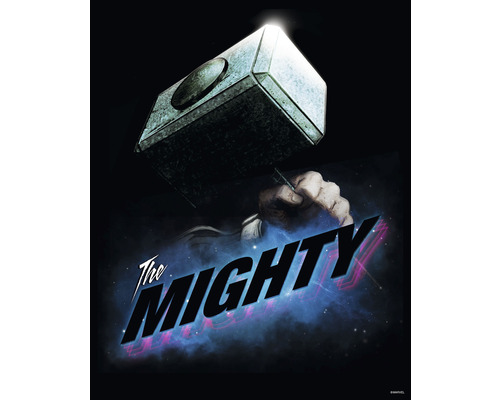 Illustratie met Thors hamer en het opschrift The Mighty