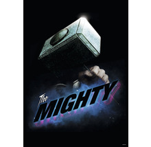 Illustratie van de hamer van Thor met de tekst ''The Mighty''