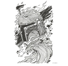 Tekening van een beschadigde helm in de stijl van Star Wars Boba Fett